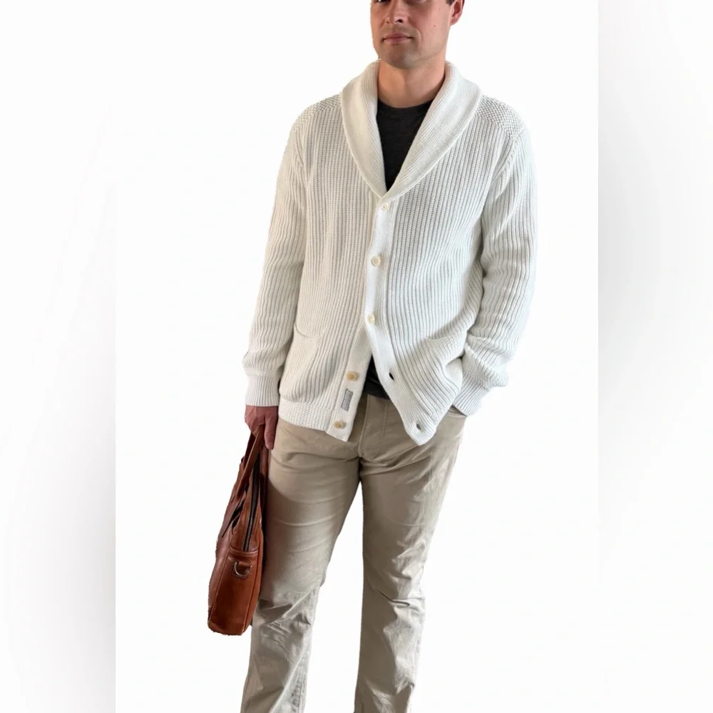 Polo Ralph Lauren Men’s Ribbed 100% Cotton Shawl Collar White Knit Cardigan Sz M